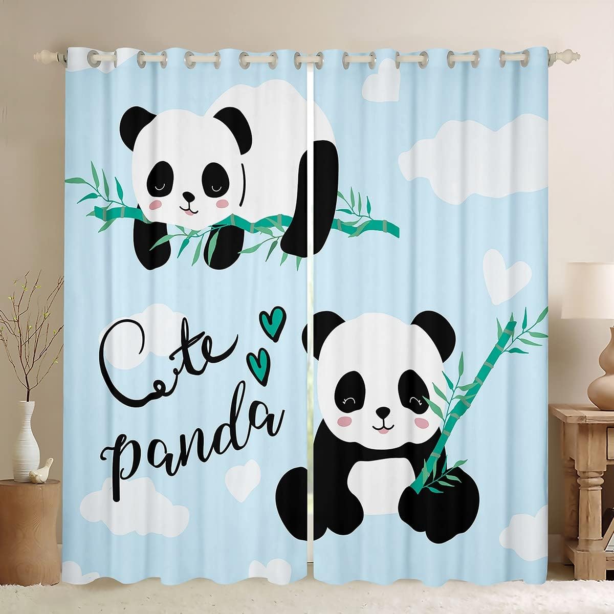 Feelyou Cute Panda Window Curtains Bedroom Living Room Cartoon Panda Curtains Kids Room Decor Boys Girls Animal Theme Window Drapes Kawaii Animal Window Treatments Blue 38W X 54L，2 Panels Mu