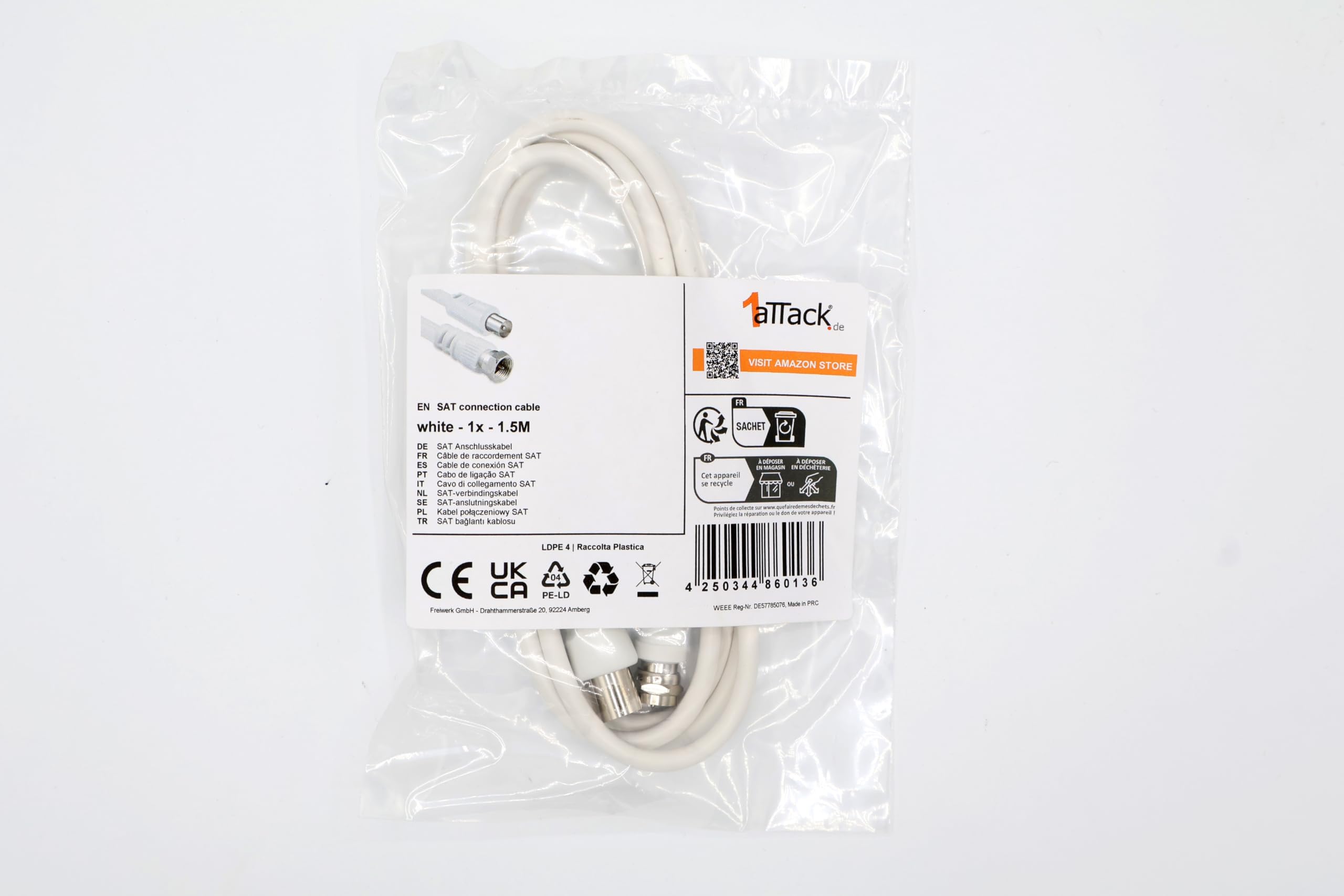 1aTTack.de - Cavo per antenna con connettore coassiale F da maschio a femmina, a doppia, tripla o quadrupla schermatura, 75/85 / 100/110 / 120/125 db