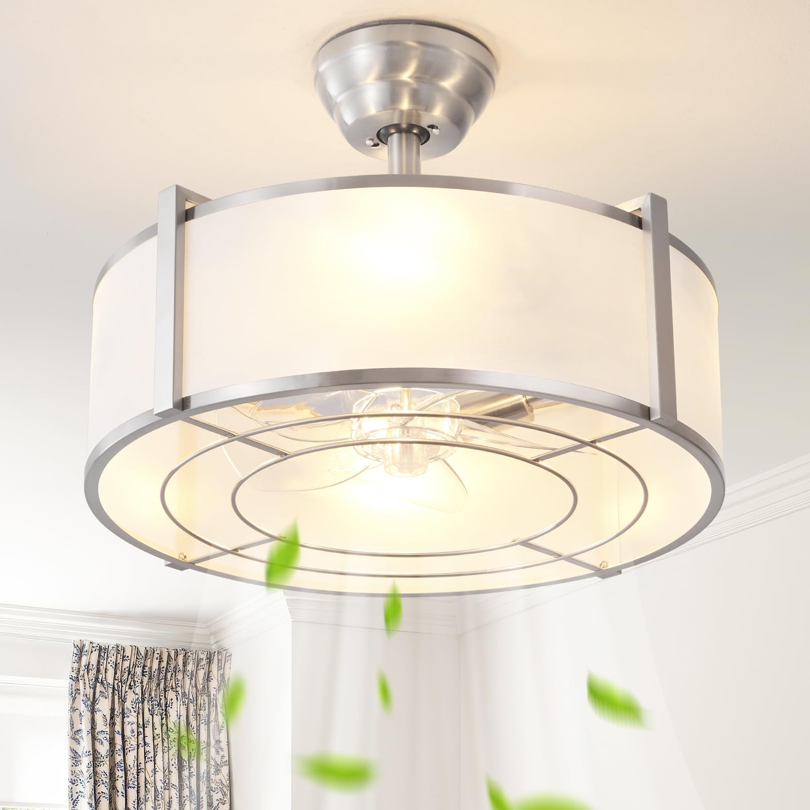 20" Silver Fandelier Ceiling Fans with Lights, Boho Rattan Ceiling Fan with Light Remote Control, Caged Mid-Century Modern with 6 Speeds for Bedroom, Nursery, Living Room