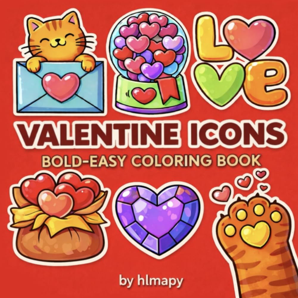 Valentine Icons Coloring Book: Bold & Easy Heart Coloring Pages: 55 Cute Designs (Icons Coloring Book Series)