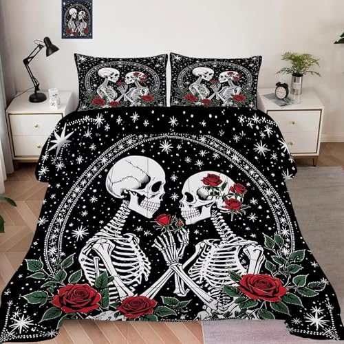 Image of Skull Roses Comforter Set Twin Size Gothic Bedding Set for Kids Adults Women, Skeleton Bones Vintage Flower Rose Quilt Bedroom Decor 1 Comforter 1 Pillowcase