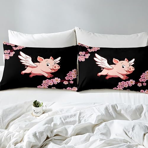 Miniatura 6 de Flying Pig Duvet Cover Queen Size Cartoon Pig Comforter Cover with 2 Pillowcase for Teens Adults Kids Cherry Blossoms Bedding Set Pink Animals