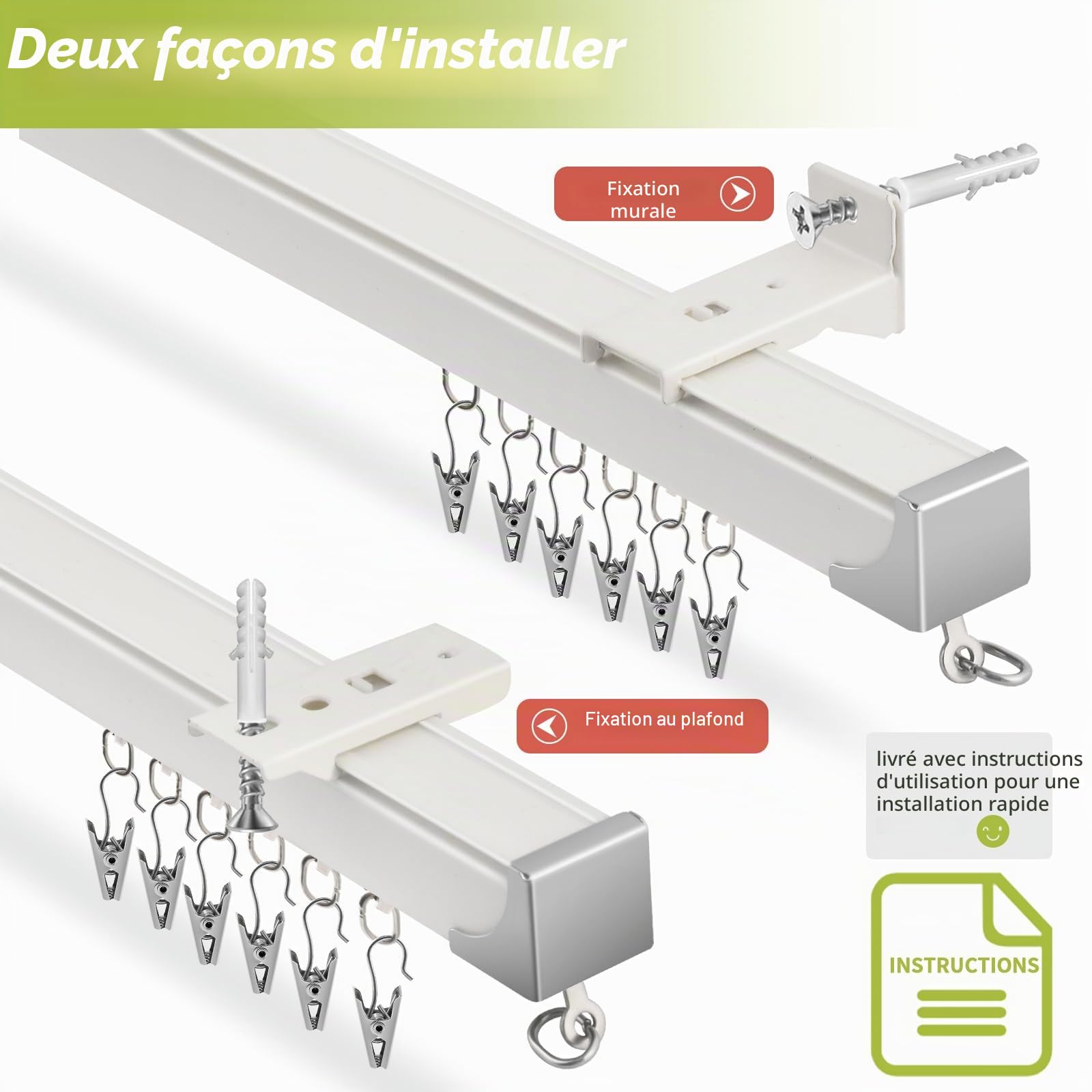KOLAKO Rail de rideau de plafond (0,9 à 2,7 m) en aluminium robuste - Système de tringle à rideaux robuste - Séparateur de pièce - Rail de plafond coulissant pour rideaux, camping-car