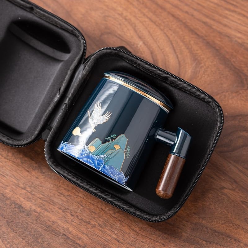 Tea Cup Ceramic Brewing with Lid Water Separation Filter Creative Wooden Handle Office Cups Soaking Container(A)