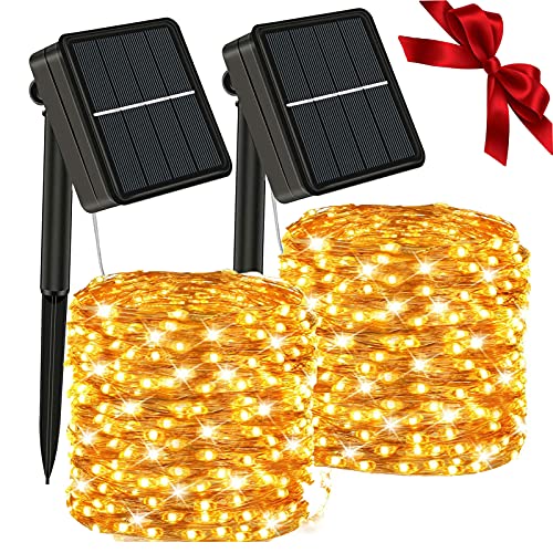 Solar String Lights Outdoor - Waterproof 146Ft 440 LEDs 2Pcs Total Solar Powered Fairy Lights Decoration Copper Wire Lights with 8 Modes, for Patio Yard Trees Christmas Wedding Party Decor (Warm)