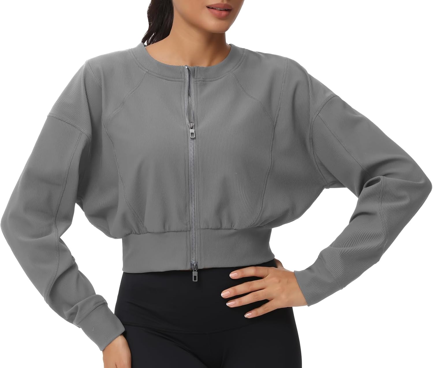 THE GYM PEOPLE Women's Cropped Jackets Full Zip Long Sleeve Ribbed Workout Sweatshirts Lightweight Casual Tops - Image 7
