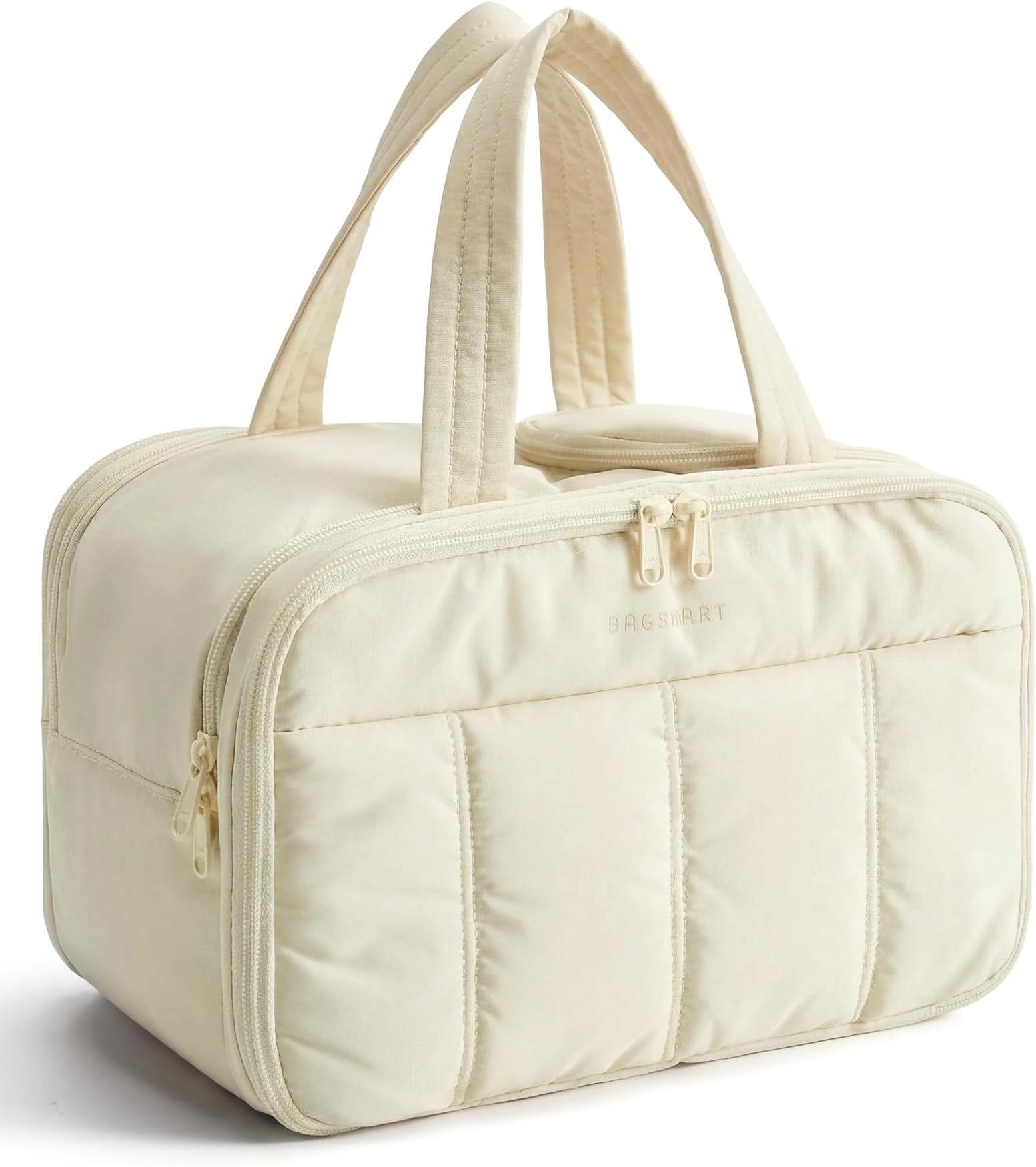 Travel Toiletry Bag, Puffy Large Toiletry Bag for Women, Lightweight Cosmetic Makeup Bag Organizer with Handle for Traveling, Accessories, Essentials, Toiletries （Beige