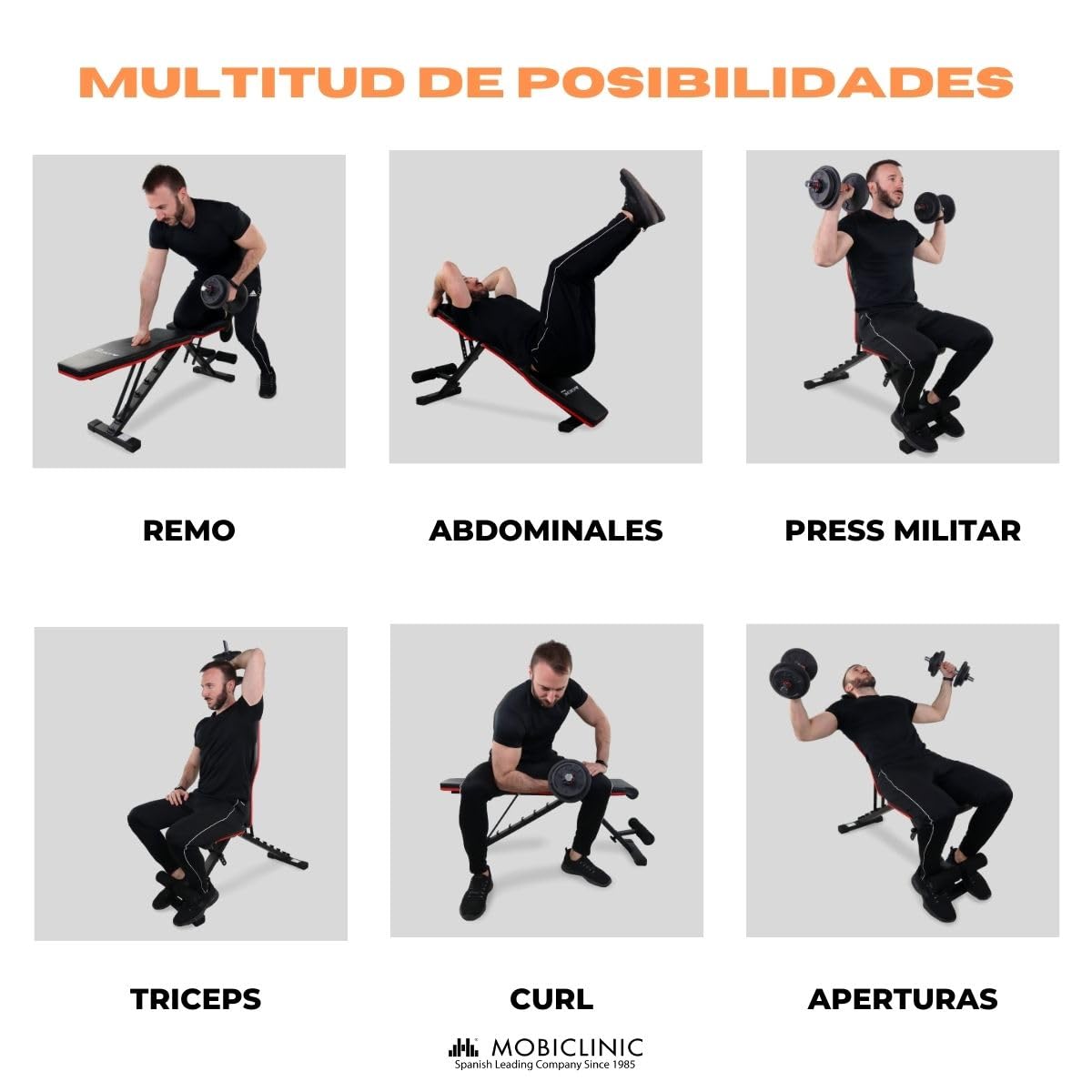 Mobiclinic® fitness, Banco de musculación, Plegable, Soporta 200kg, Asiento y respaldo regulable, Flexfit, Multifunción, Pesas, Entrena cuerpo completo, Resistente estable, Gym en casa