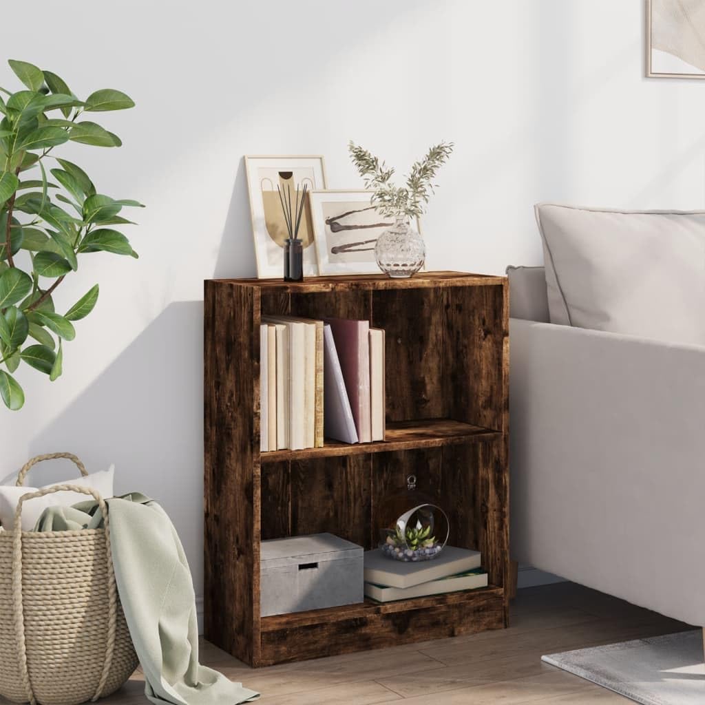 Kompaktes Bücherregal Räuchereiche aus Holzwerkstoff, 60x24x76 cm, mit 2 Böden und Oberplatte für Bücher, DVDs, CDs und Deko, multifunktional als Beistellschrank nutzbar,