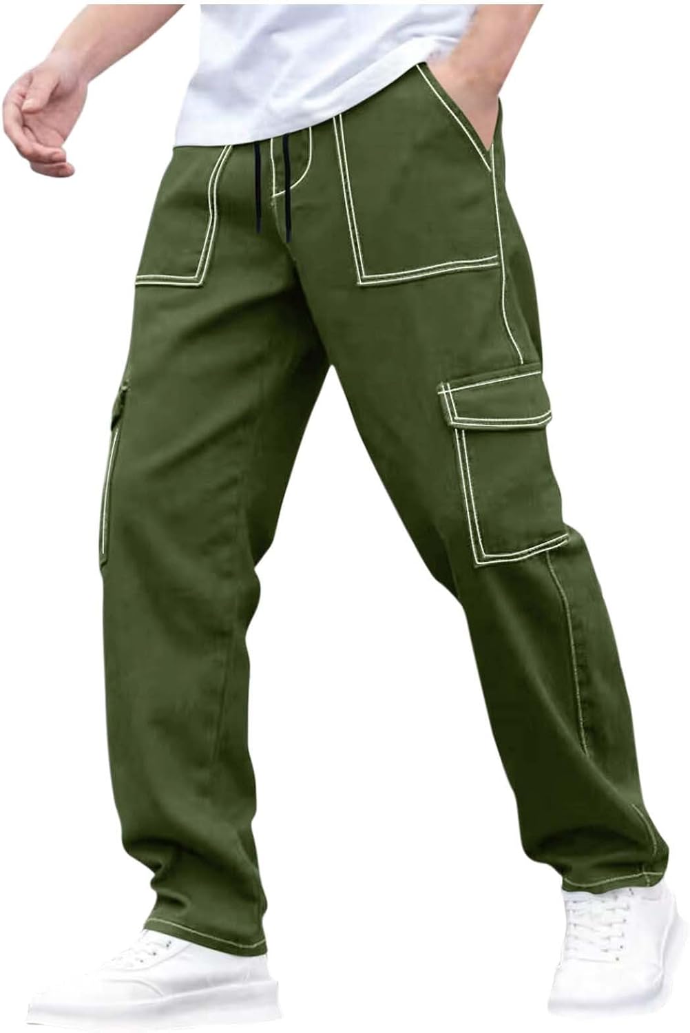Men Cargo Pants Casual Straight Leg Pants Drawstring Elastic Waist Pant Athletic Hiking Sweatpant with Flap Pocket