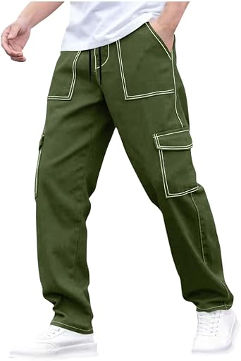 Men Cargo Pants Casual Straight Leg Pants Drawstring Elastic Waist Pant Athletic Hiking Sweatpant with Flap Pocket