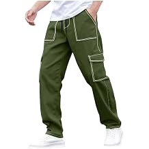 Men Cargo Pants Casual Straight Leg Pants Drawstring Elastic Waist Pant Athletic Hiking Sweatpant with Flap Pocket