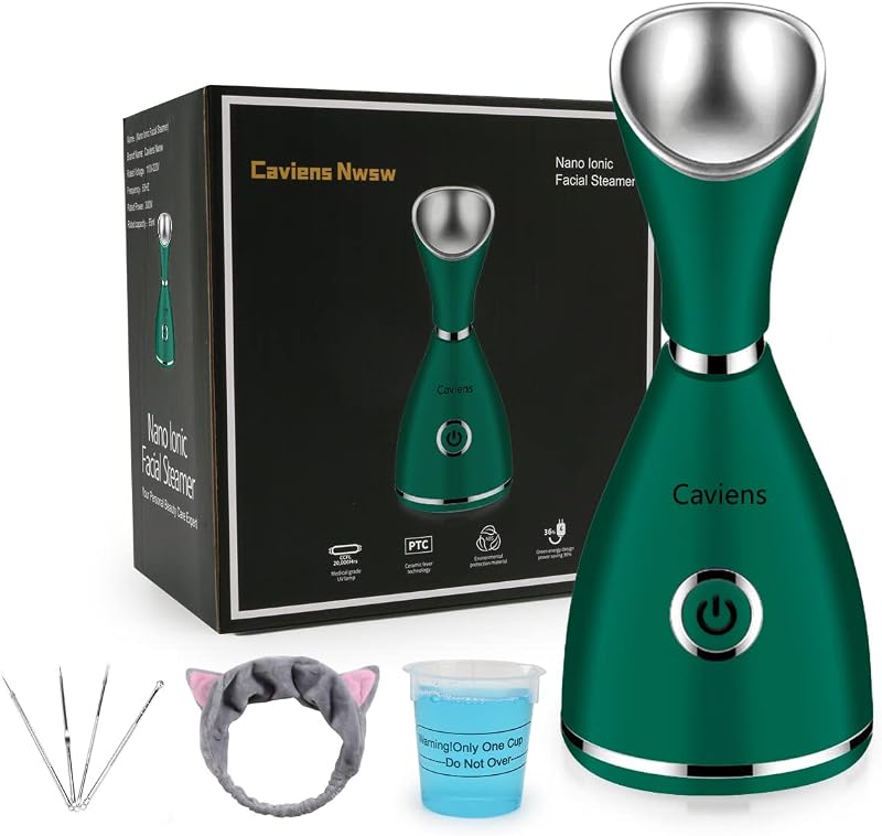 Vaporizador facial Caviens Nwsw com névoa morna, kit de aço inoxidável com 4 peças e faixa de cabelo, Green
