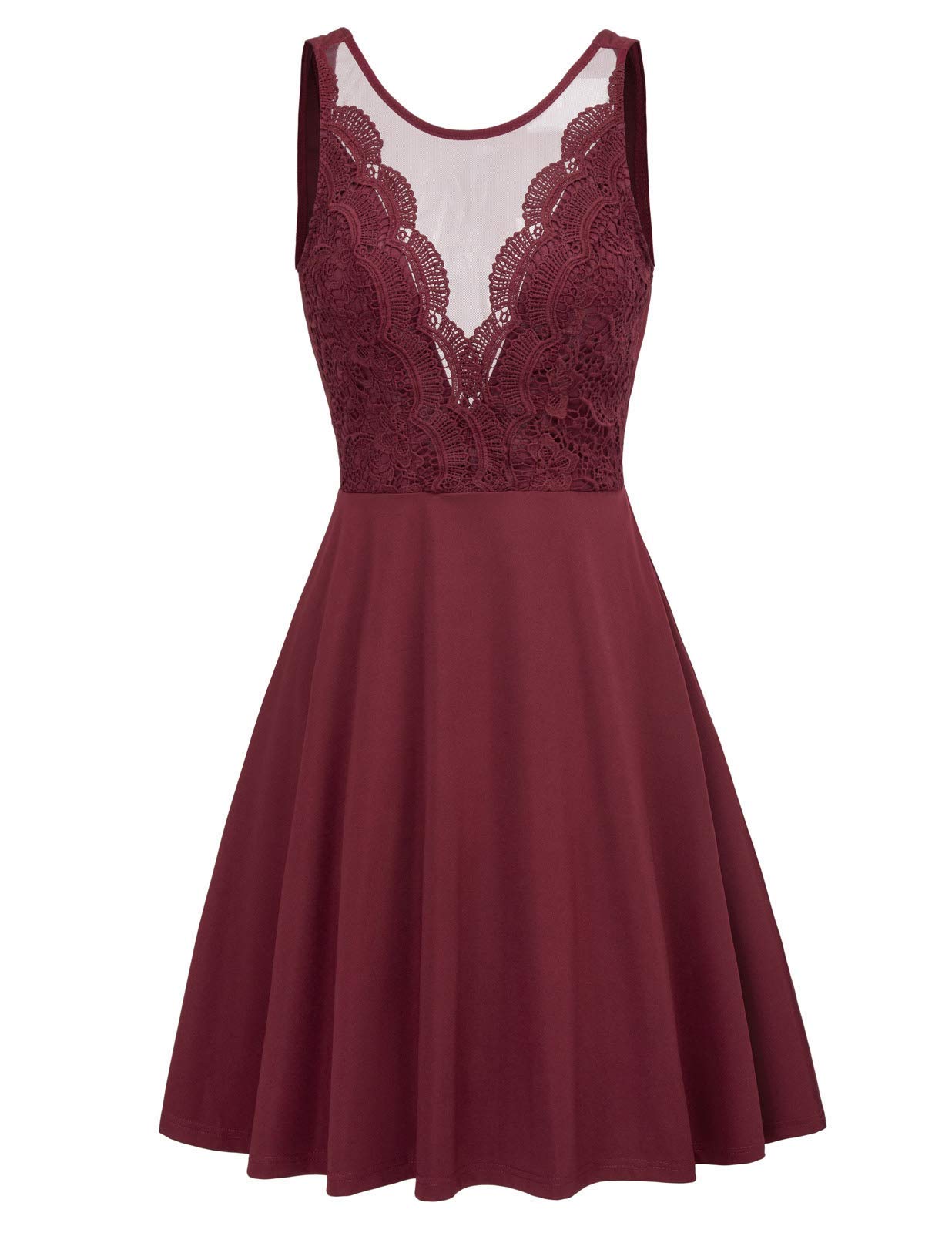 GRACE KARIN Women Sleeveless Lace Patchwork Deep V-Neck A Line Flared Party Dress