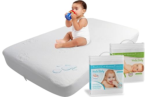 Vesta Baby Paquete de 2 protectores de colchón para cuna, de jacquard sin ruido, impermeables, de bambú natural