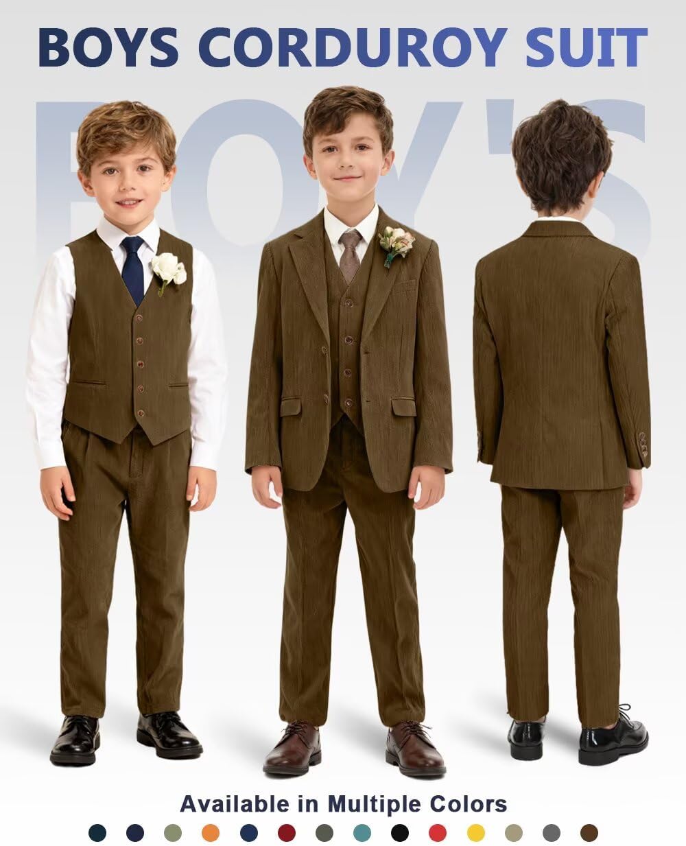 Retro Corduroy Boys Suit 3 Piece Slim Fit Kid Suits Tuxedo Set Wedding Prom Outfit Jacket Blazer Vest Pants for Boy