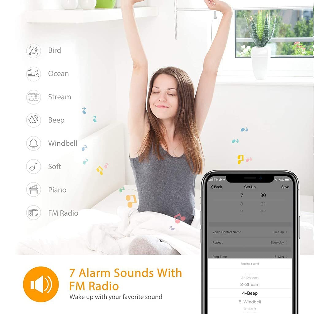 Sveglia WiFi, Luce Sveglia Intelligente, con APP e Controllo Vocale, Luce Notturna Sul Comodino, Compatibile con Alexa Google Home, 4 Sveglie e Funzione Snooze, 2 Pz