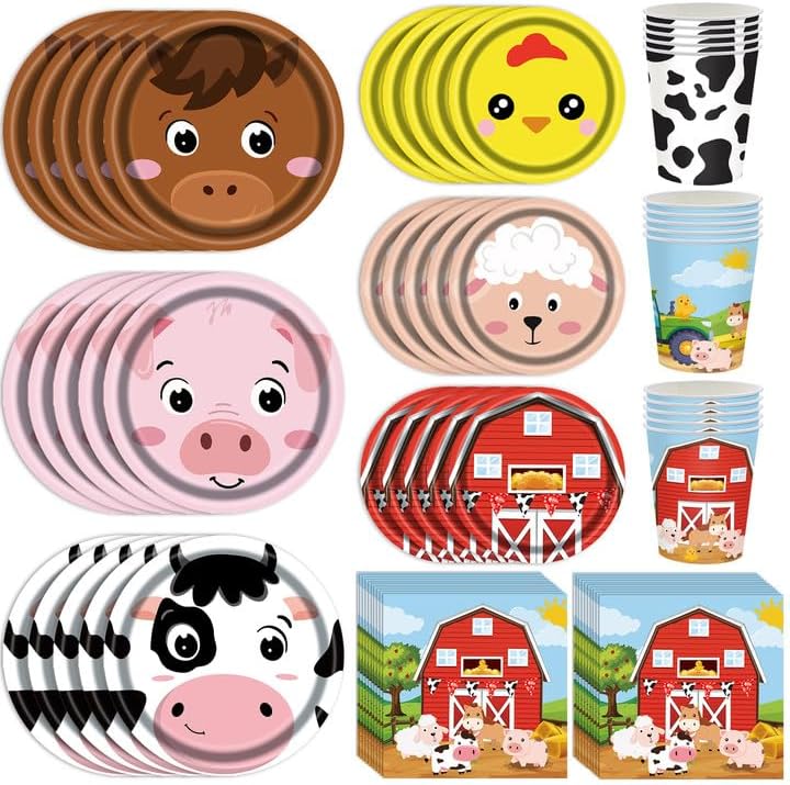 120 PCS Barnyard Farm Animals Party Supplies Plates Set,Farm Animal Tableware Include Plates,Napkins and Cups for Farmhouse Birthday Baby Shower Party Decorations Supplies(Serve 30)