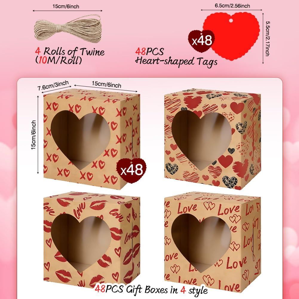 Eforcase 48PCS Cookie Box Gift Kraft Paper Bakery Treat Boxes 6x6x3 Inches Candy Box with Heart Window Cupcake Boxes with Tag Twine Candy Bakery Container for Mother's Day Weddings Party Favor