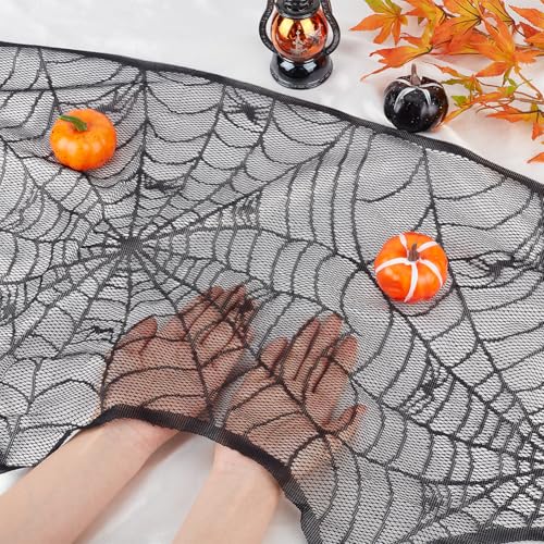 GORGECRAFT 103x18 Inch Halloween Fireplace Scarf Decoration Black Polyester Lace Spider Web Large Mantel Cover Garland Cobweb Table Cloth Placemats for Home Party Thanksgiving Festive Indoor Supplies - Image 3