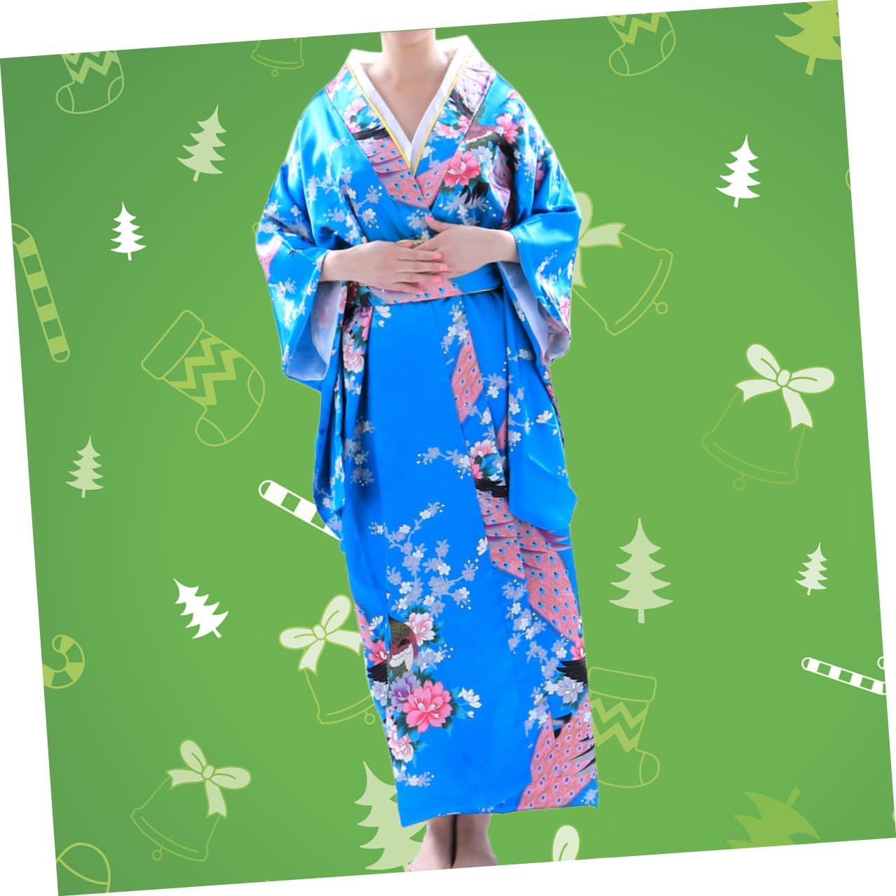 Kimono Colore Celeste Tradizionale Donna in Tessuto con Abbinata Design Monopezzo Versatile e Portabile per Abbigliamento o Spettacoli