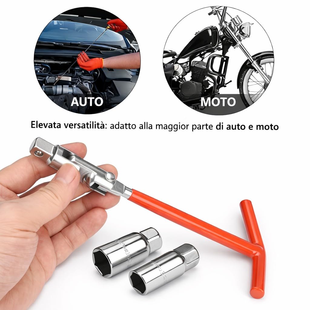 topolenashop Chiave Candela Universale 16 mm 21 mm con Snodo Professionale e Impugnatura a T – Set 3 Pezzi in Acciaio Cromato per Auto Moto Scooter – Chiave Candela Snodata | 201612