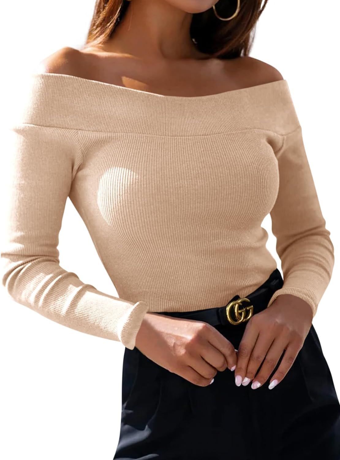 Fessceruna Damen Langarmshirt Sexy Schulterfreies Pullover Elegant Herbst Oberteile Casual Slim Fit