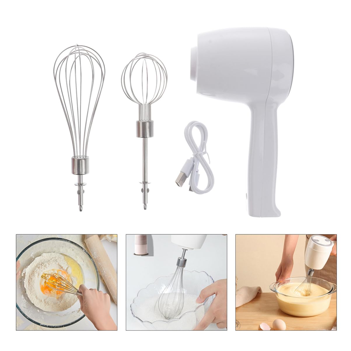 Cabilock Adjustable Rechargeable Kitchen Handheld Mixer Egg Beater Double Stick Comfortable Handle for Cooking Eggbeater