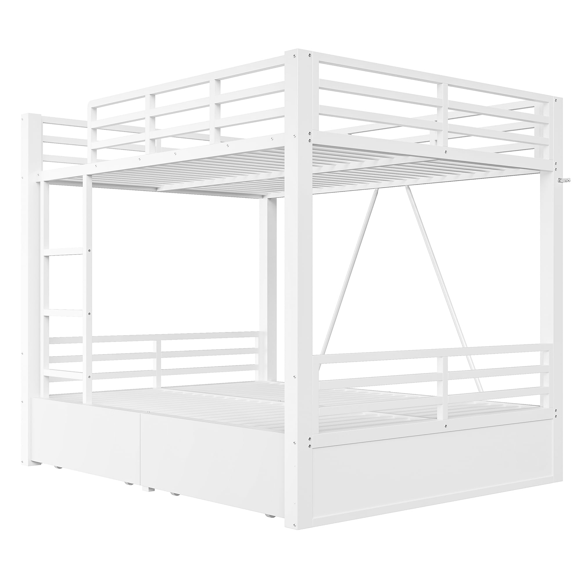 Merax Metall-Etagenbett 140x200 cm mit Schubladen, Sicherheitsgeländer & Leiter – platzsparendes Kinderbett, Weiß (Ohne Matratze)