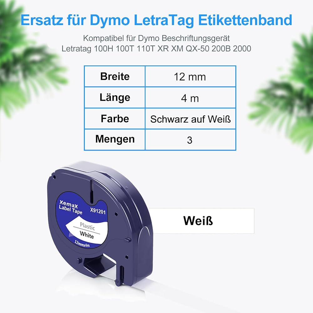6 Rubans Compatibles LetraTag 12mm X 4m - Noir Sur Blanc - Pour Étiqueteuses Dymo LT-100H, 100T, XR, 2000, 200B - Adhésif Résistant à L'Eau