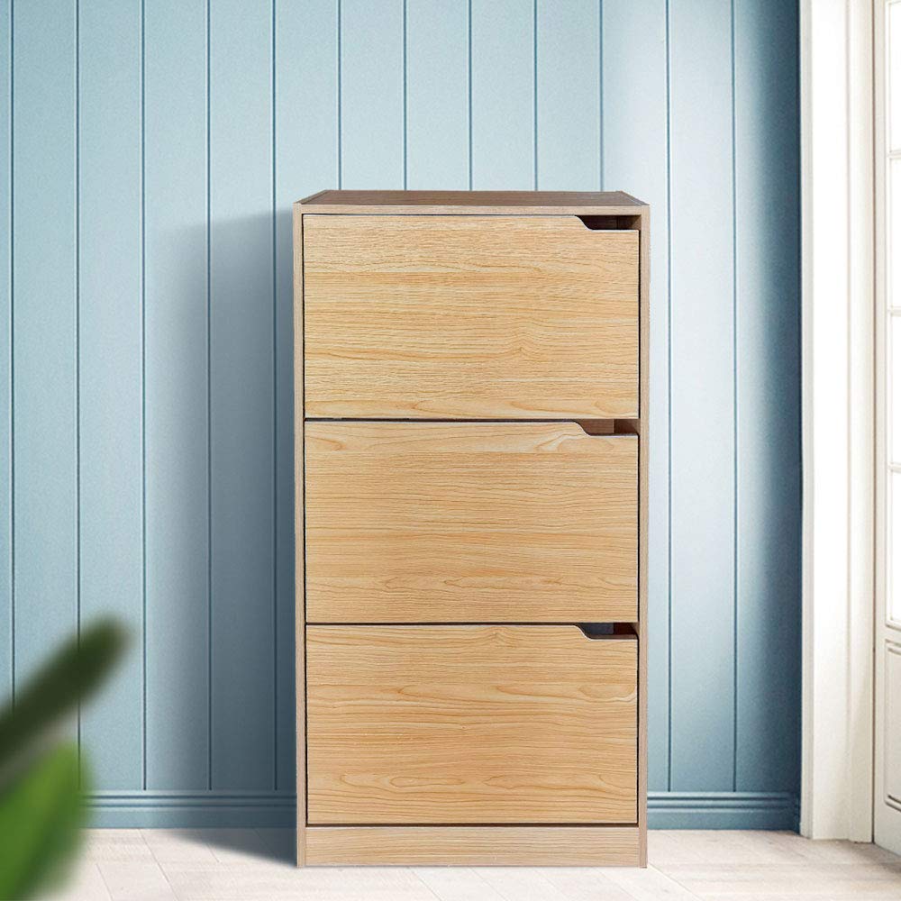 BAKAJI Zapatero de Madera MDF con 3 Puertas para Zapatos abatibles, Asas retráctiles, Doble Profundidad, tamaño Compacto, Delgado, 63 x 24 x 115 cm, Ahorra Espacio de Entrada de casa (Roble)