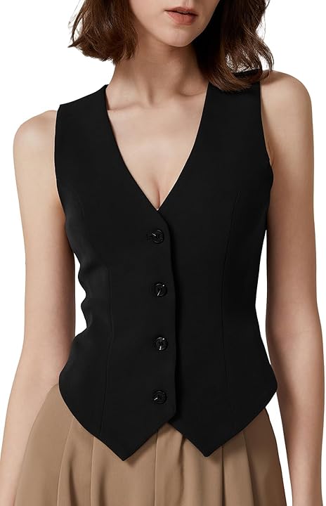 Womens V Neck Vest Top Sleeveless Button Down Fully Lined Solid Going Out Crop Tops