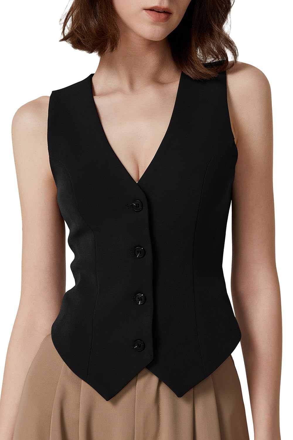 QINSEN Womens V Neck Vest Top Sleeveless Button Down Fully Lined Solid Going Out Crop Tops