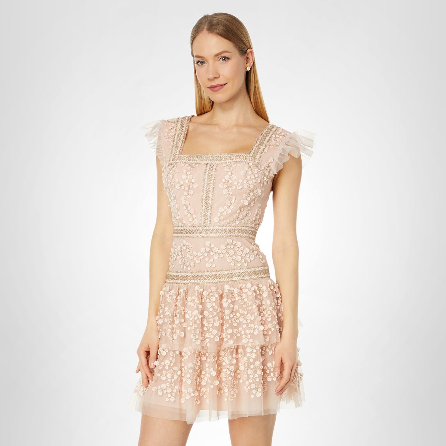 BCBGMAXAZRIA Women's Ruffle Cap Sleeve a Line Evening Dress Square Neck Short Tiered Ruffle Skirt: 10 Pink