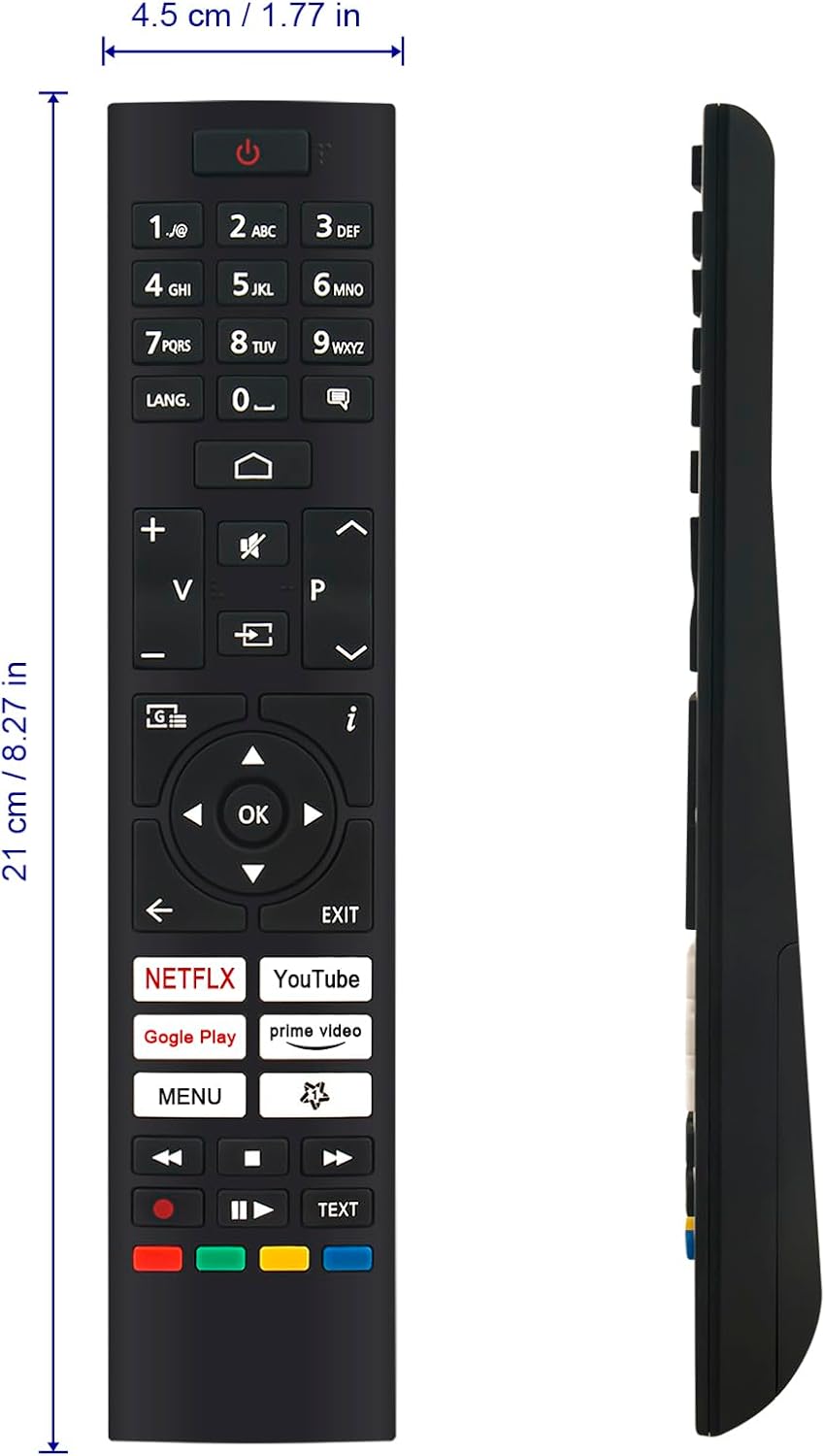 წინა view of the VINABTY RM-C3607 remote control, showing all buttons and its dimensions.