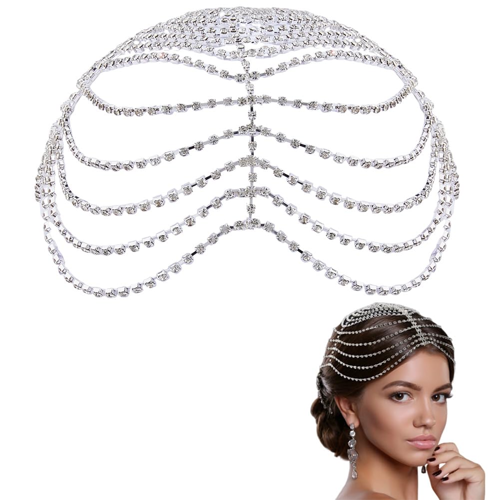 DICOSMETIC 1 Stück Strasskopfkette Silber Kristallhaarband 22x23x0.3cm Flapper Haarreif Brautschmuck Hochzeitsaccessoire 1920er Party Haarschmuck mit 2 Haarklammern