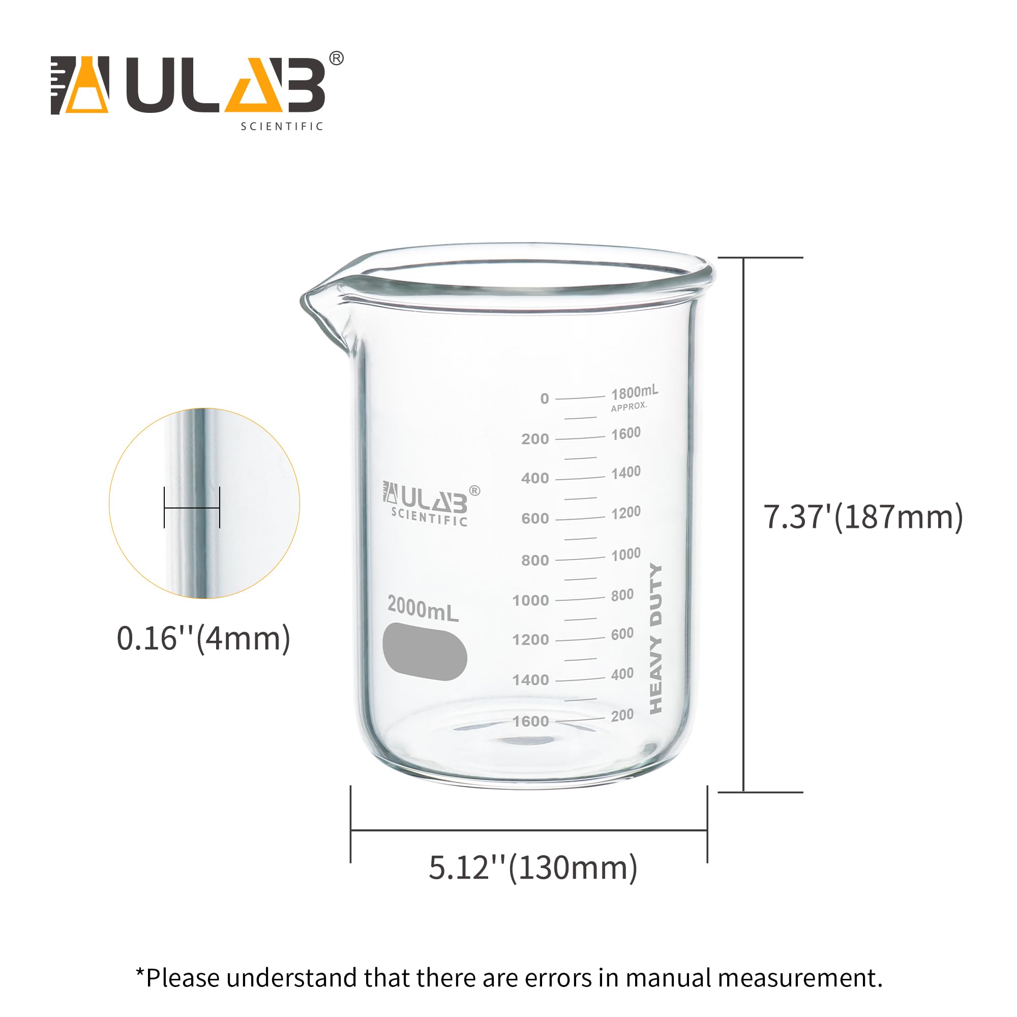 ULAB Vetri Scientifici, Vol. 3000ml, 3.3 Borosilicate Griffin Low Form con Graduazione Stampata, UBG1029