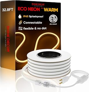 Shine Decor LED Neon Rope Lights Connectable, 32.8FT Flexible AC 110V 120V Neon LED Strip Lights(Warm White) Outdoor Waterproof, 10M ETL Plug&Play Neon Strings Lighting 120LEDs/M for Home Commercial