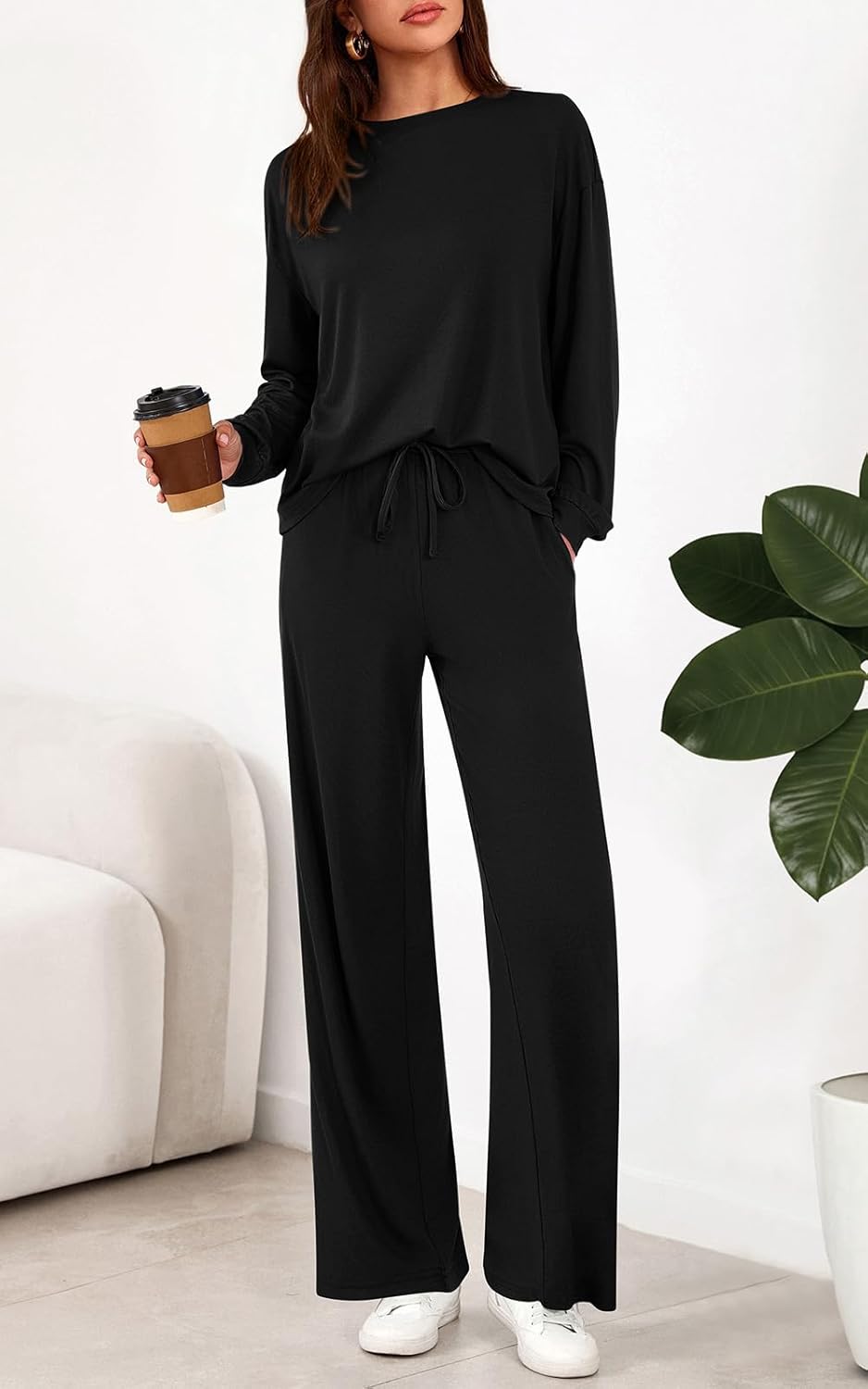 PRETTYGARDEN Womens 2 Pieces Lounge Sets Crewneck Long Sleeve Wide Leg Drawstring Pants Tracksuits Loose Fit Outfits Set - Image 3