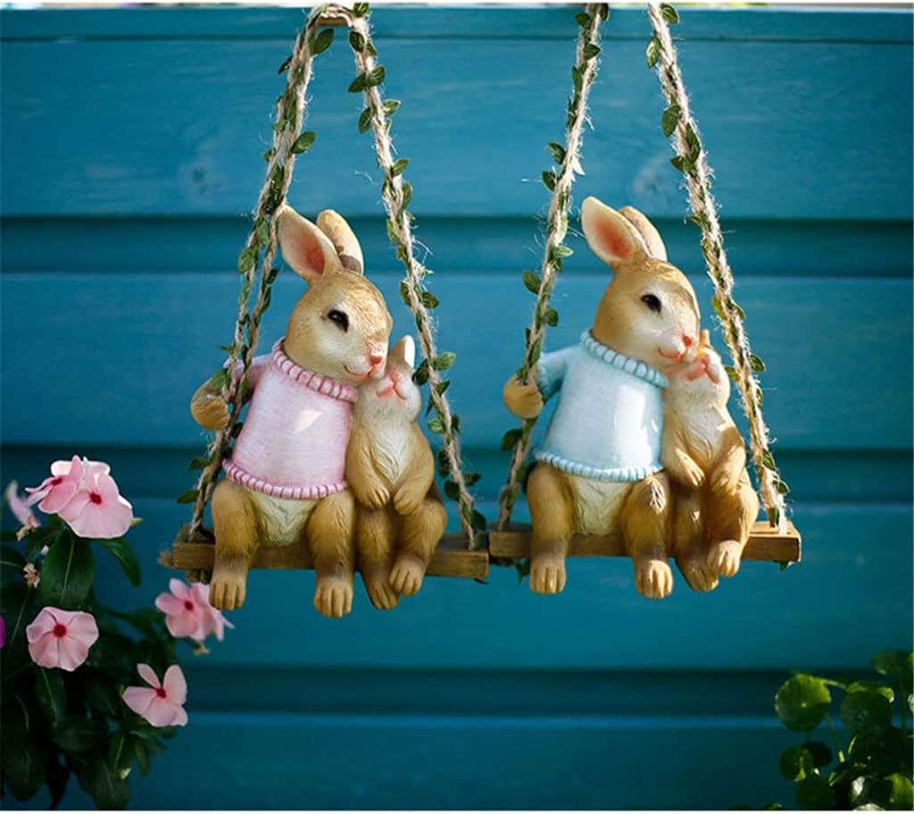 BTZHY Ornaments Swing Simulation Hanging Rabbit Sculpture Resin Swing Garden Animals Hemp Rope Pendant Ornaments Courtyard Balcony Sill Decor (Colour Name : B)