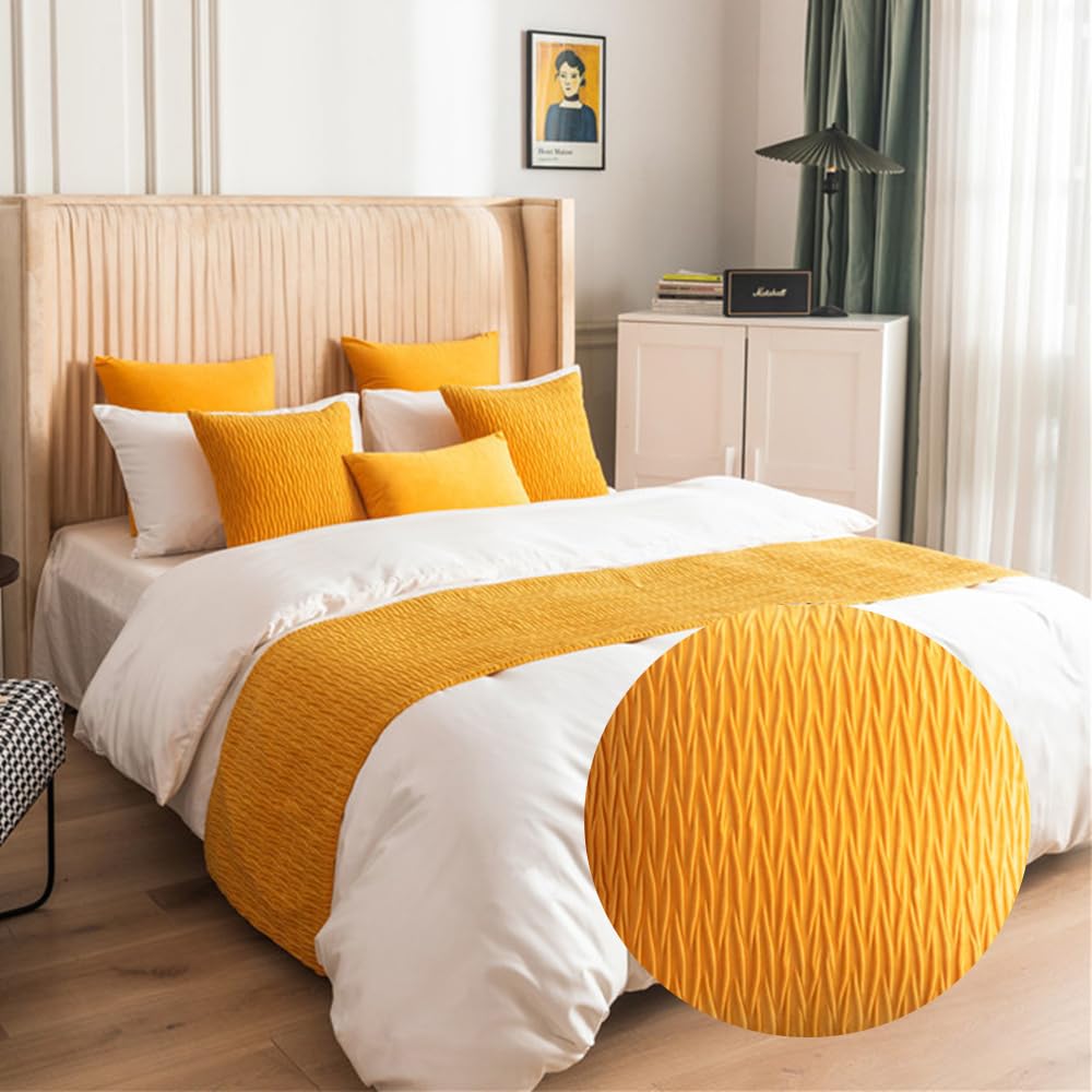 GOFOHIMI Bed Runners and Matching Cushion Cover, Reversible Bed Runners Scarves Hotel Bedding Bed Towel Bedroom Bedspread Protection Home Decoration (45x210cm(Jacquard Bed Runners),bright yellow)