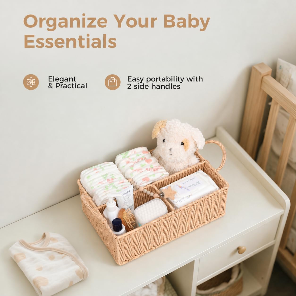 Windel-Caddy Organizer, Hand-Rattan, Babykorb, Wickeltisch-Organizer für Baby-Essentials, Babyparty-Geschenke, vielseitiger Regalkorb, Badezimmer-/Küchen-Organizer (Blush Beige, L)