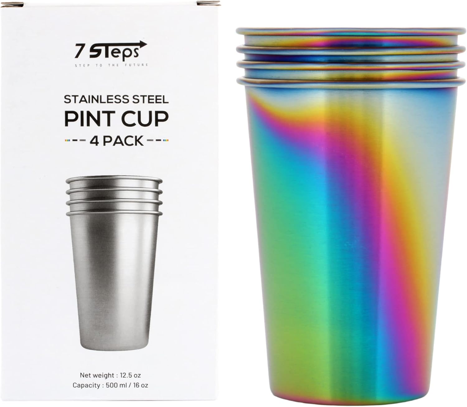 7 Steps - Stainless Steel Pint Cup 500 ml / 16 oz - Durable - Reusable - Party - Outdoor - Hiking - Camping - Picnic - Stackable Cup for Beer Juice Soda (Pack of 4) (Rainbow) - Image 3