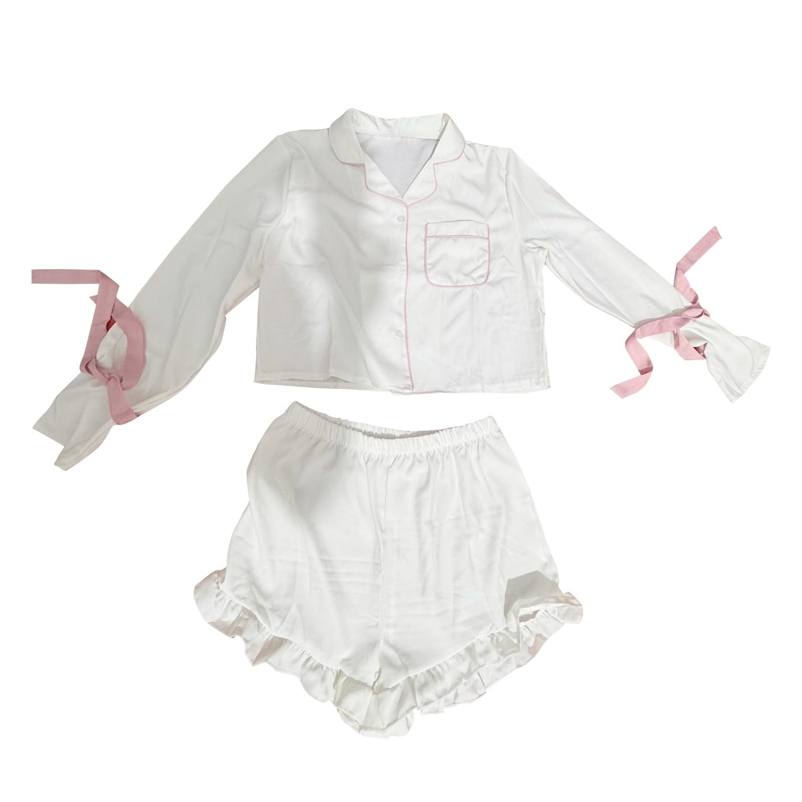 Pigiama da donna in raso di seta due pezzi comodo loungewear Set da sposa Pjs Set con scollo a V Button Down Pigiama Set Papillon Manica a Campana Abbigliamento da notte Pantaloncini con orlo