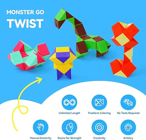 Miniatura 5 de Monster Go Cubo mágico de serpiente, 24 bloques, mini cubo de velocidad de serpiente, juguetes para niños y adolescentes (marrón y verde)