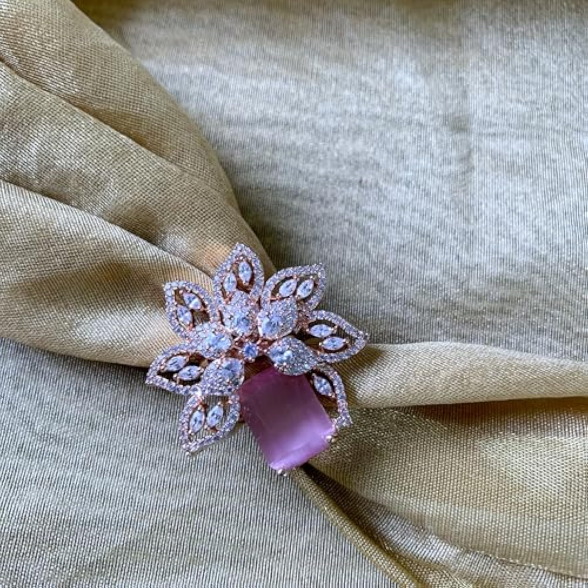 Women's Rose Gold Plated Floral CZ Adjustable Ring, Stylish