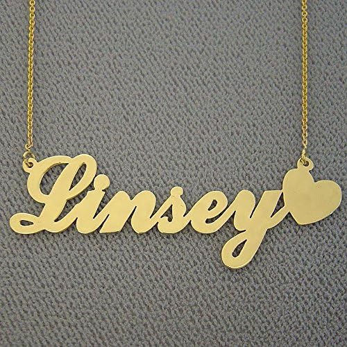 Solid 14k Gold Name Necklace Script Font Personalized Heart Nameplate Chain