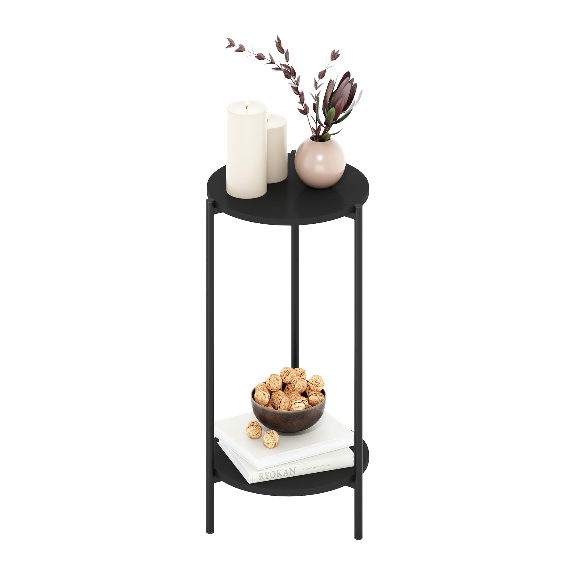 Furinno BESI Side Table, 2-Tier Tall Round End Table with Metal Legs, Metal Frame Night Stand, Bedside Table with Open Shelf, for Living Room, Bedroom, Americano