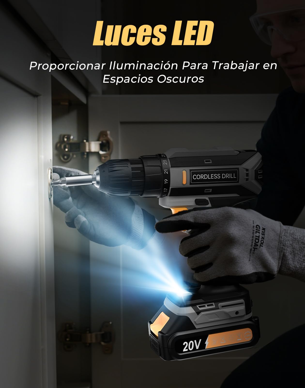 Taladro Atornillador Inalámbrico 20V, Taladro Atornillador Bateria 42Nm con 25+1 Ajustes de Torque, Luz LED, Kit 56 Piezas, Destornillador Eléctrico para Bricolaje en Casa y Jardín, Gris