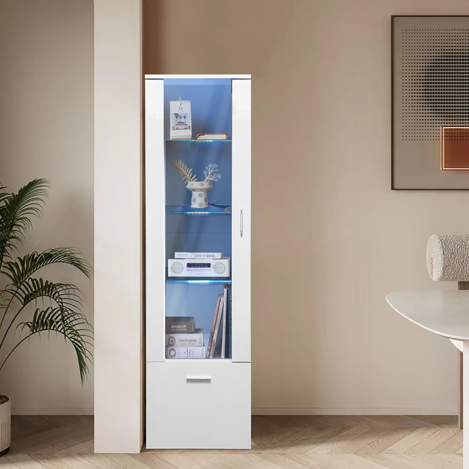 Set di 2 vetrine a LED con porta e ripiani in vetro, luci per il soggiorno e l'ufficio, 42 x 30 x 160 cm (Bianco)